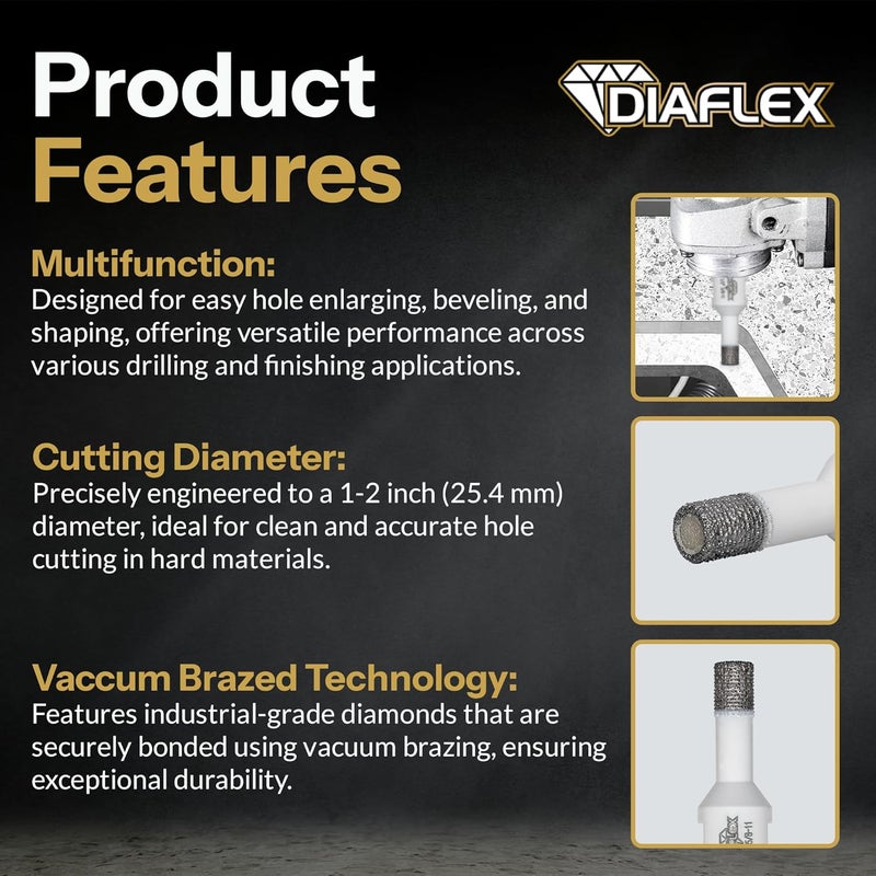 DIAFLEX Premium Brazed Core Bit – 1/2" Diamond Hole Saw for Porcelain, Ceramic, Stone, Dekton – 5/8"-11 Thread – Fast Clean Cuts – Vacuum Brazed – Wet or Dry Use - Image 4